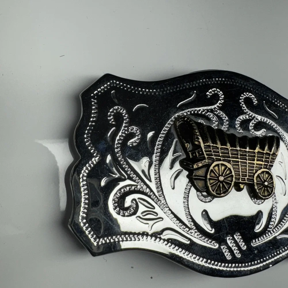 Western‎ Covered Wagon Belt Buckle Ornate Silver Tone Western Style